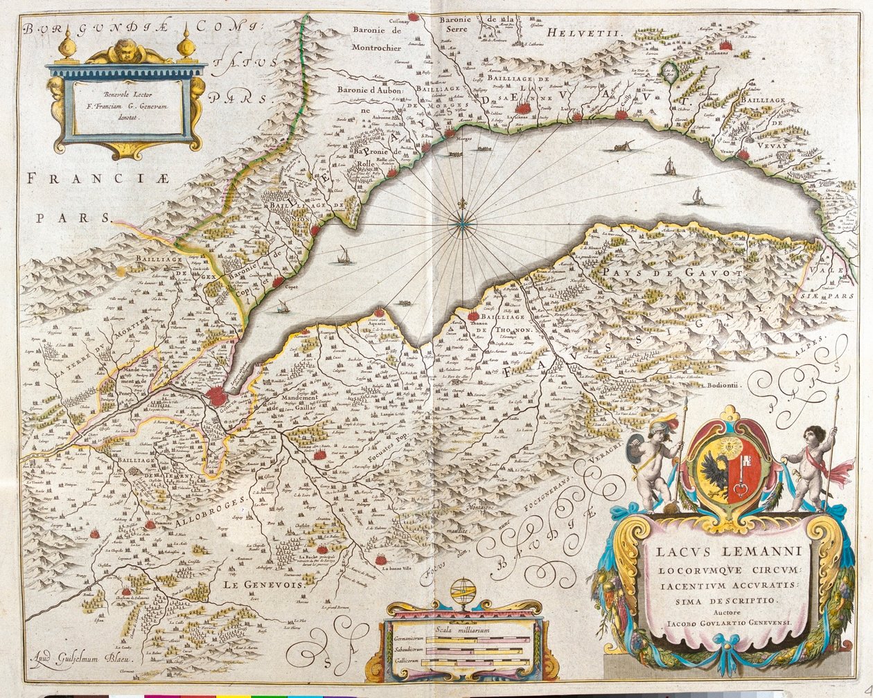 ジュネーブ湖（アムステルダム、ウィレム・ブラウ作『Theatrum Orbis Terrarum, sive Atlas Novus』所収 作： ウィレム・ブルー