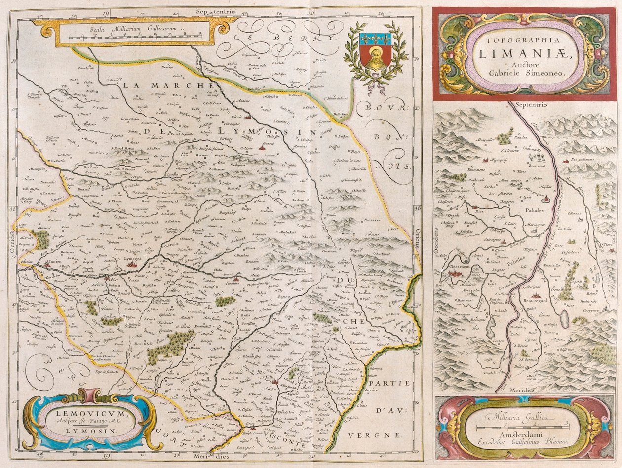 リモージュ～クレルモン～フェラン（アムステルダム、ウィレム・ブラウ作『Theatrum Orbis Terrarum, sive Atlas Novus』所収 作： ウィレム・ブルー