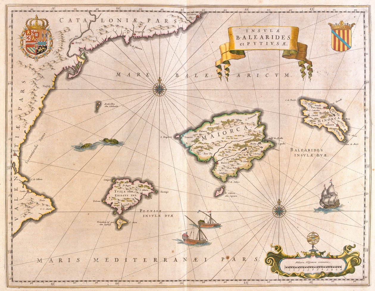 カタルーニャとバレンシアの海岸を含むマヨルカ島、ミノルカ島、イビサ島（アムステルダム、ウィレム・ブラウ著『Theatrum Orbis Terrarum, sive Atlas Novus』所収 作： ウィレム・ブルー