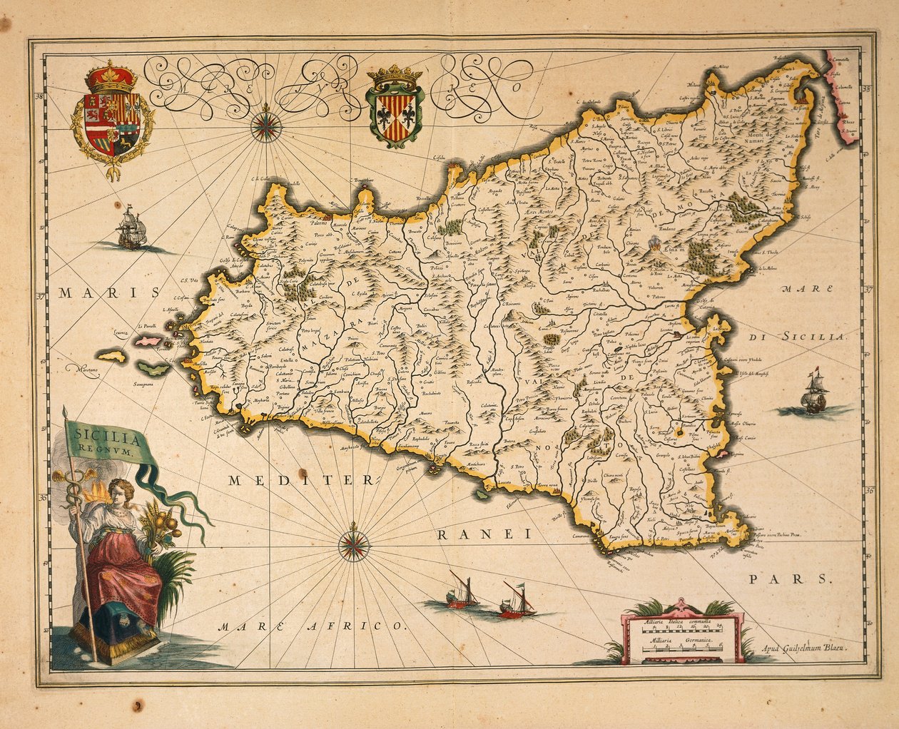 ウィレム・ブラウによるシチリアの地図、『Regionum Italiae』より、エングレーヴィング 作： ウィレム・ブルー