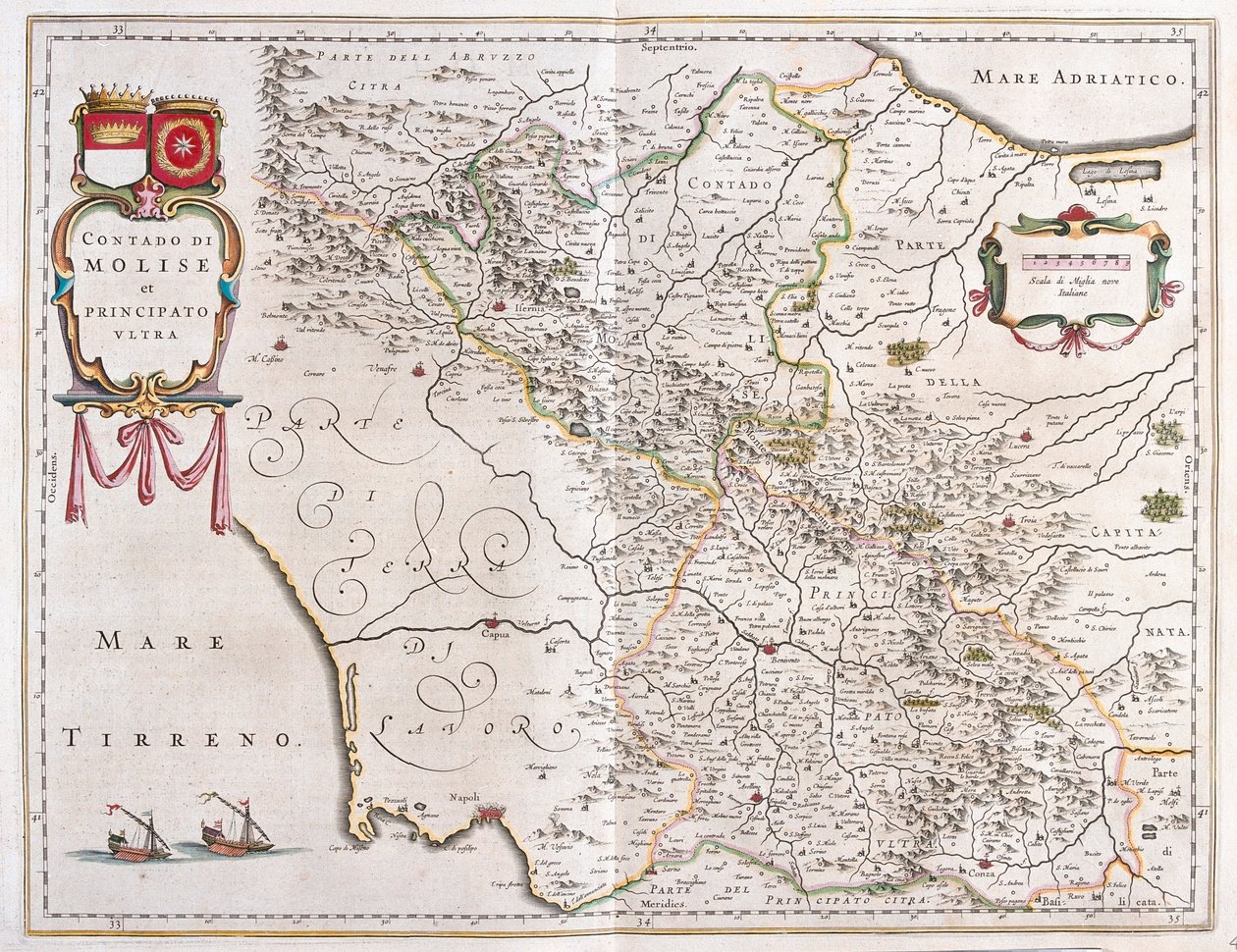 ウィレム・ブラウ著「Theatrum Orbis Terrarum, sive Atlas Novus」（アムステルダム）所収、モリーゼ、ベネヴェント、アヴェッリーノ、イタリア 作： ウィレム・ブルー