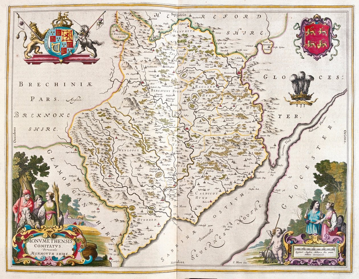 ウィレム・ブラウ著「Theatrum Orbis Terrarum, sive Atlas Novus」（アムステルダム）所収のモンマス・シャー（イングランドとウェールズ）。 作： ウィレム・ブルー