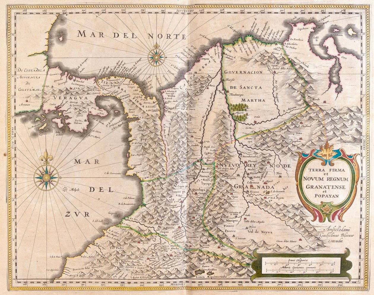 パナマ、コロンビア、エクアドルとベネズエラの一部（アムステルダム、ウィレム・ブラウ著『Theatrum Orbis Terrarum, sive Atlas Novus』所収 作： ウィレム・ブルー