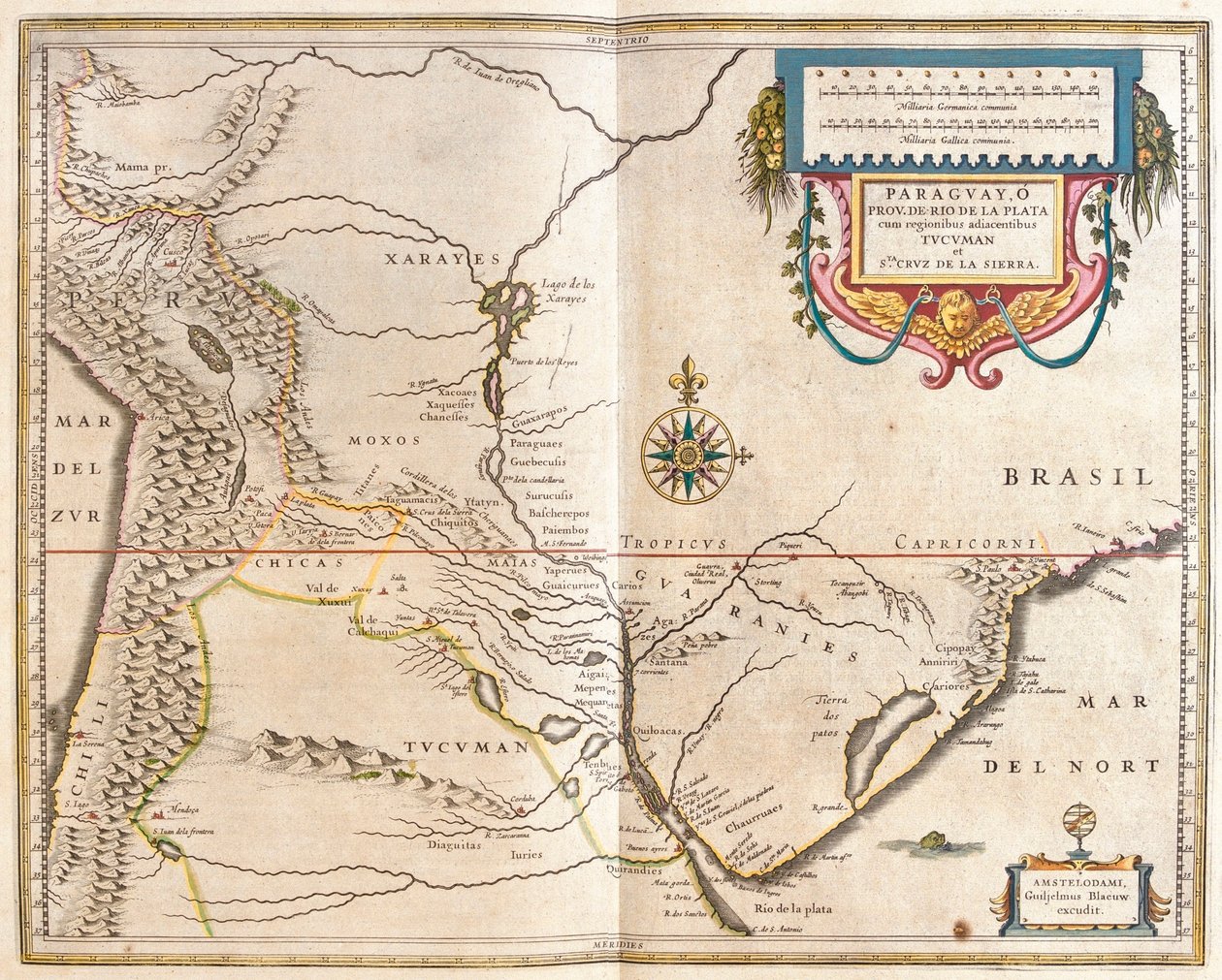 パラグアイとリオ・デ・ラ・プラタ（アムステルダム、ウィレム・ブラウ著『Theatrum Orbis Terrarum, sive Atlas Novus』所収 作： ウィレム・ブルー