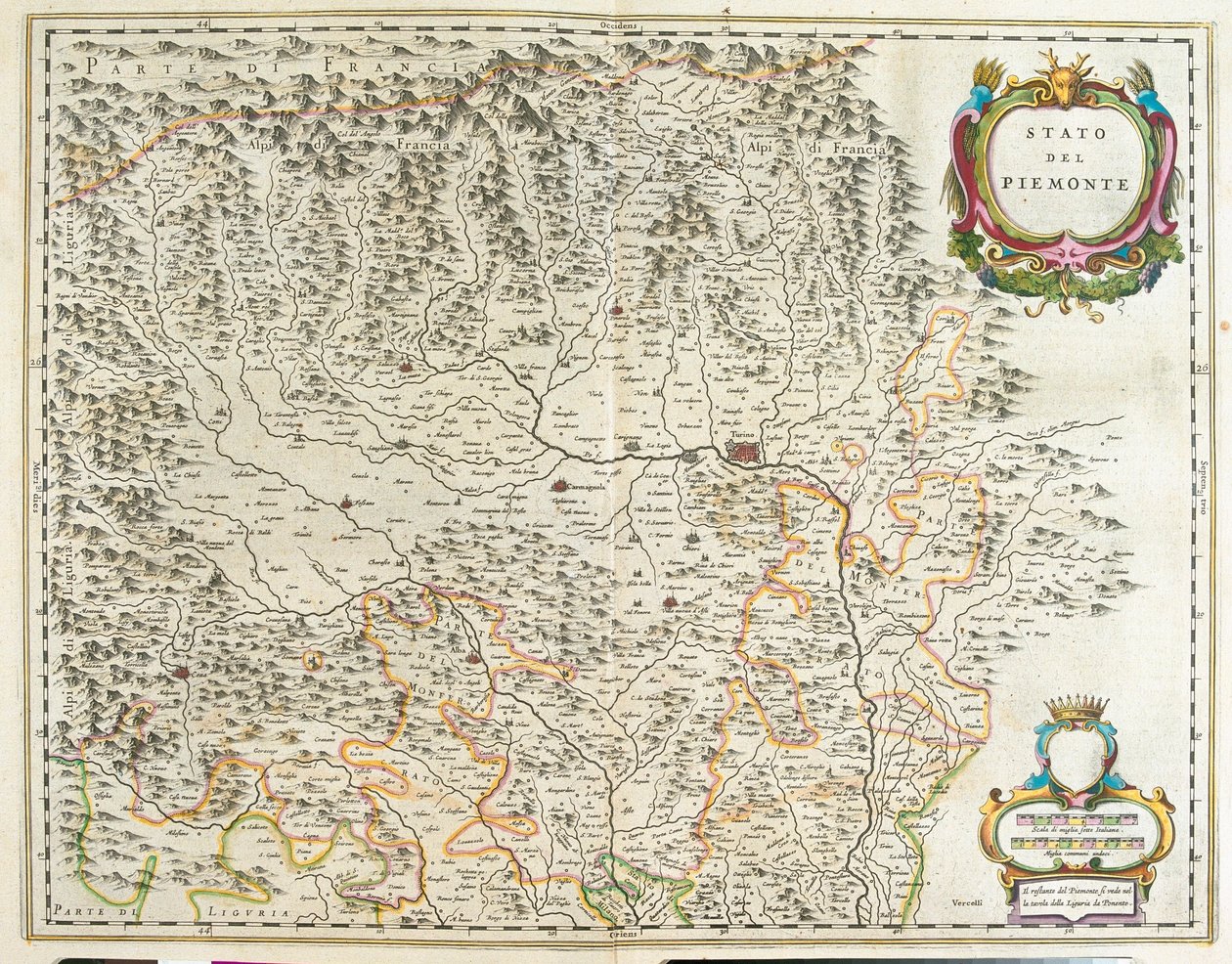 イタリア、アオスタ渓谷とリグーリア州、ピエモン（アムステルダム、ウィレム・ブラウ作『Theatrum Orbis Terrarum, sive Atlas Novus』所収 作： ウィレム・ブルー