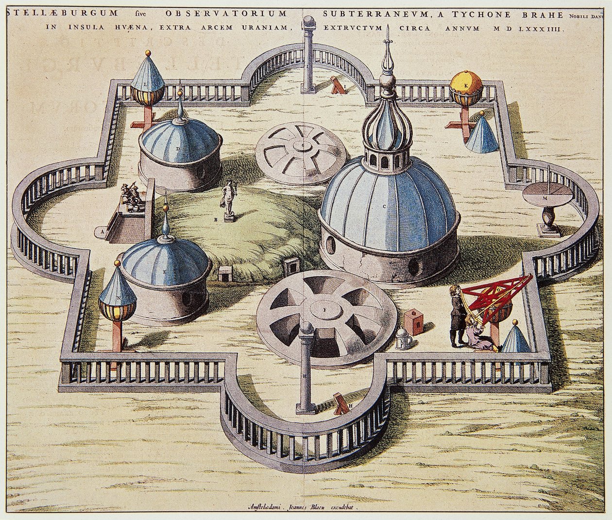 デンマークのフヴェン島にあるティコ・ブラーエ（1546-1601）設計の星の城（Stjerneborg）の地下天文観測所（Stelleburgum sive Observatorium Subterraeum）、Willem Blaeuによる図面、1595年頃。 作： ウィレム・ブルー