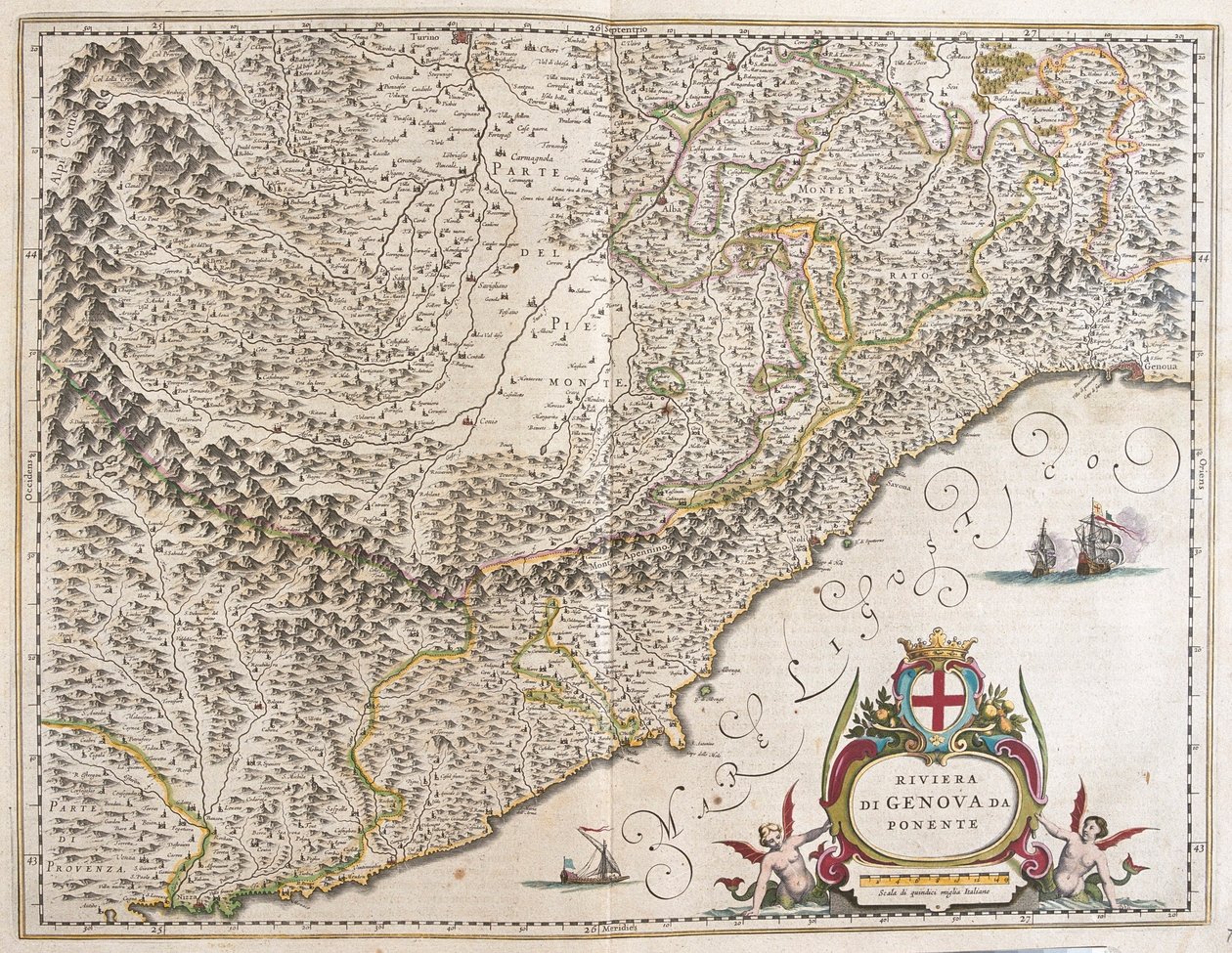 アムステルダム、ウィレム・ブラウの「Theatrum Orbis Terrarum, sive Atlas Novus」に描かれたイタリア、リグーリア州の西のリビエラ。 作： ウィレム・ブルー