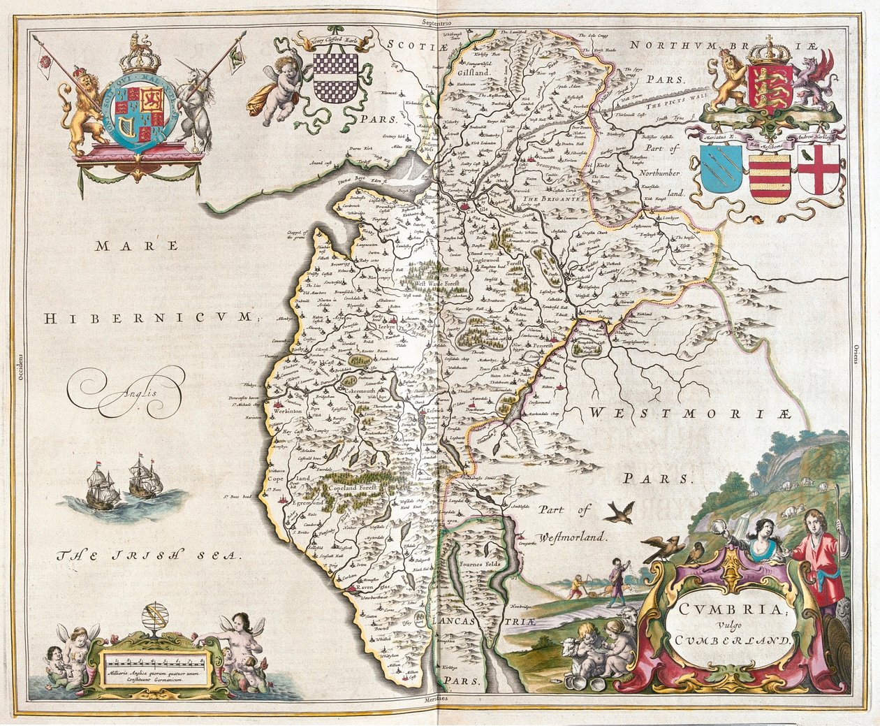 ウィレム・ブラウ著「Theatrum Orbis Terrarum, sive Atlas Novus」（アムステルダム）所収のウェストモーランド-カンブリア湖水地方 作： ウィレム・ブルー