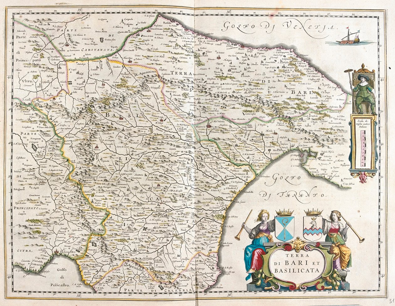 イタリア・バーリ市とバジリカータ州、アムステルダム、ウィレム・ブラウ著『Theatrum Orbis Terrarum, sive Atlas Novus』所収 作： ウィレム・ブルー