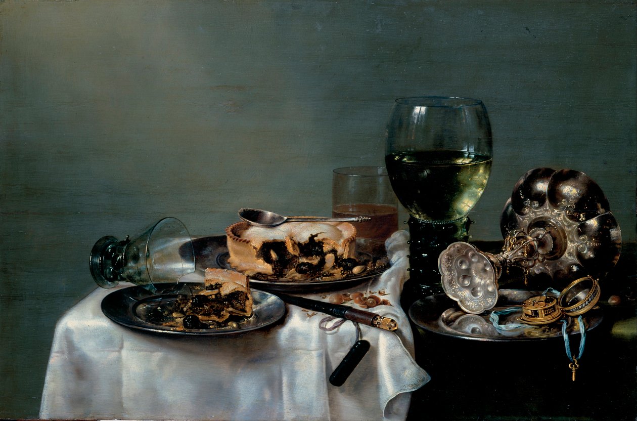 "ブラックベリー・パイのある朝食のテーブルの静物" ウィレム・クラーシュ・ヘーダ（1594-1680）による絵画 1631年 薄暗い 54x82 cm 油彩・キャンバス ドレスデン州立美術コレクション ドレスデン 作： ウィレム・クレズ。ヘダ