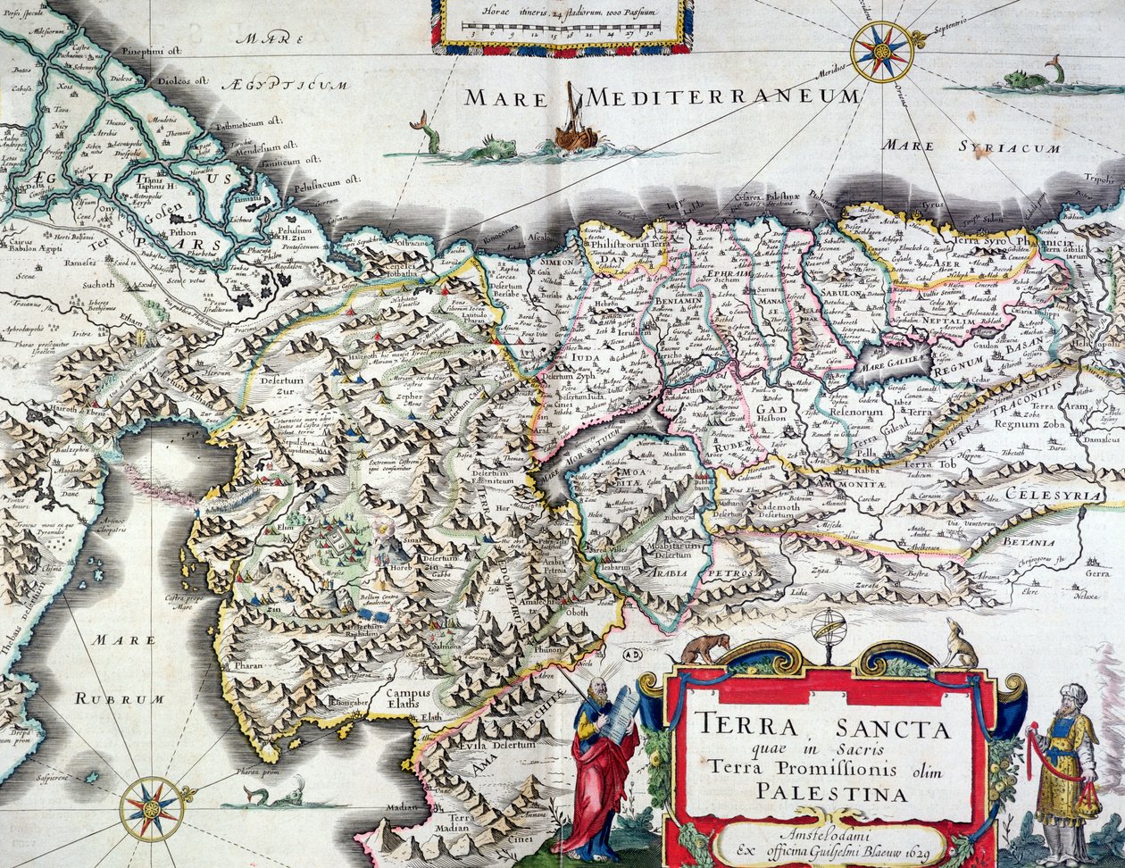 1629年にアムステルダムで公開された聖地の地図（カラー彫刻） 作： ウィレム・ヤンスーン・ブラウ