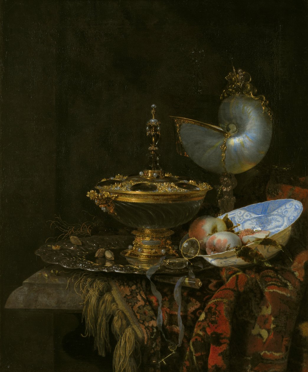 Pronk Still Life with Holbein Bowl, Nautilus Cup, Glass Goblet and Fruit Dish 作： ウィレム・カルフ