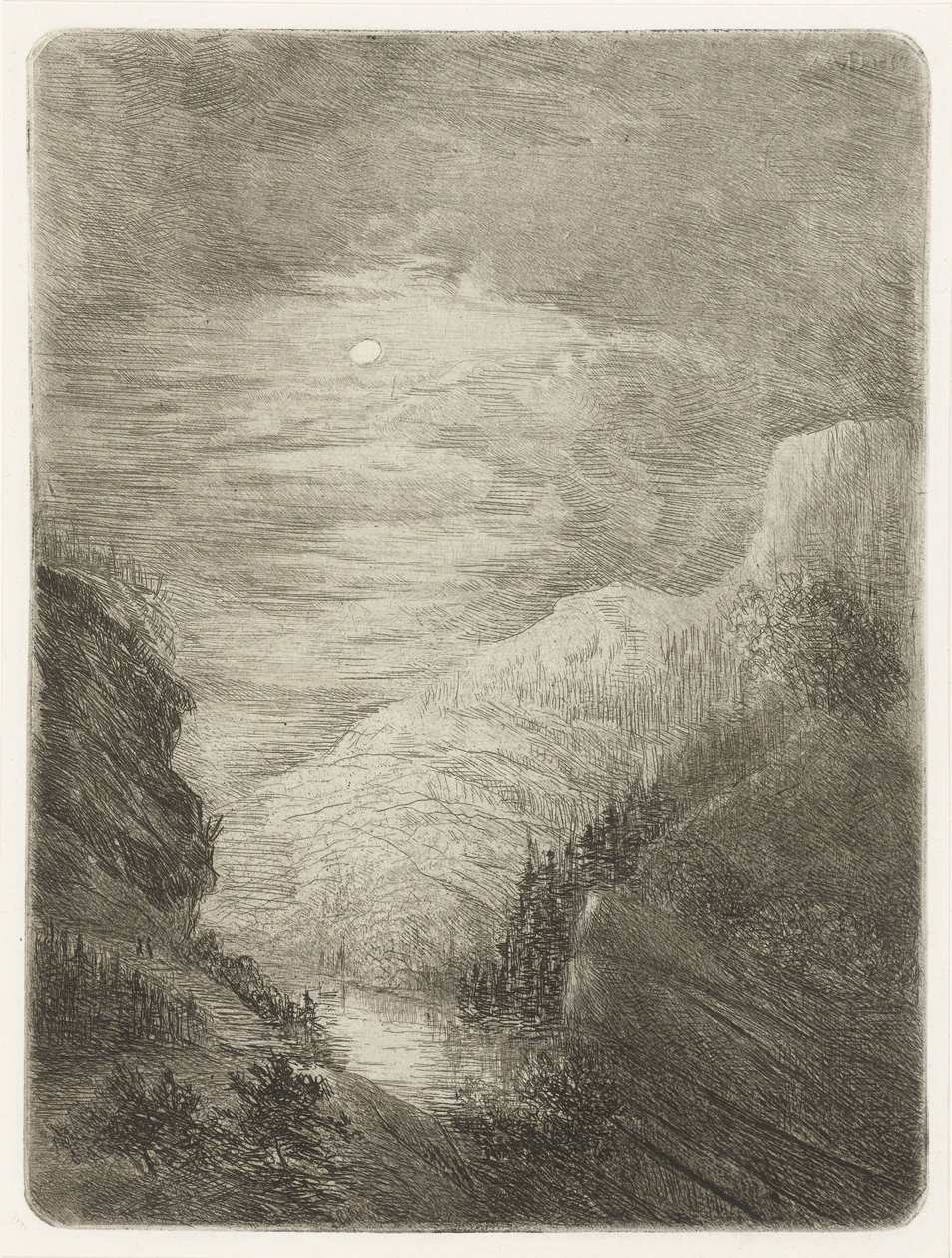 月明かりの下で川と山の風景 作： Willem Matthias Jan van Dielen