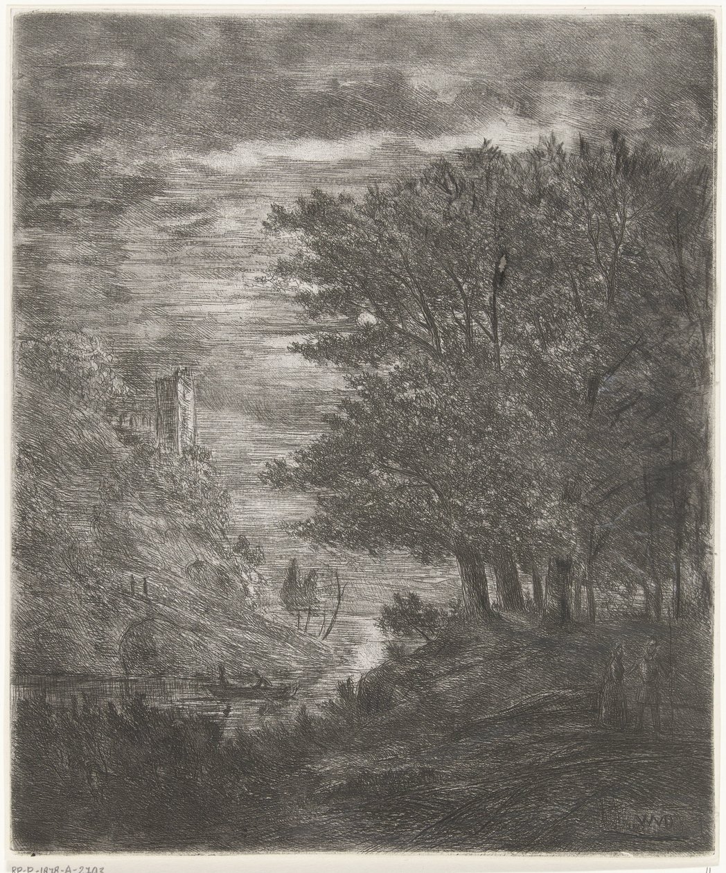 月明かりの下で水上に遺跡とボートがある丘陵の風景 作： Willem Matthias Jan van Dielen