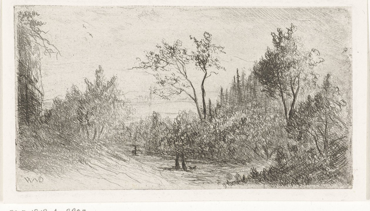 森の端にウォーカーと犬がいる丘陵の風景 作： Willem Matthias Jan van Dielen