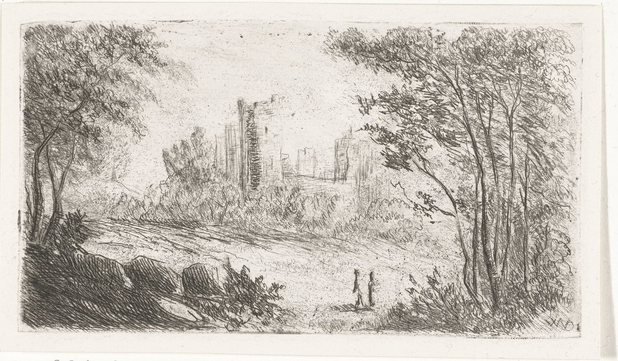 城跡と二人の人物のいる風景 作： Willem Matthias Jan van Dielen