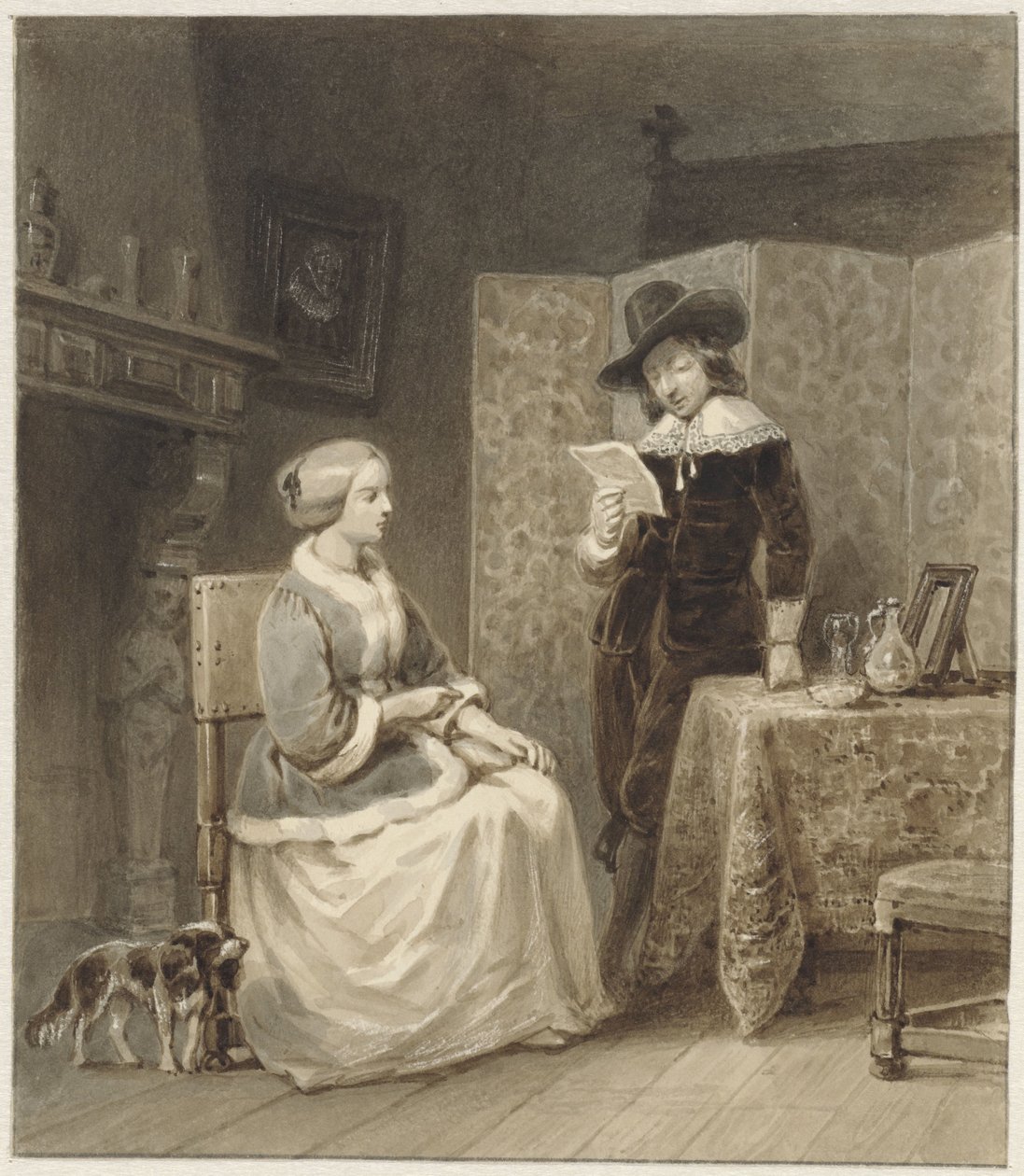 座っている女性と立って本を読んでいる男性がいる歴史的なインテリア 作： Willem Pieter Hoevenaar