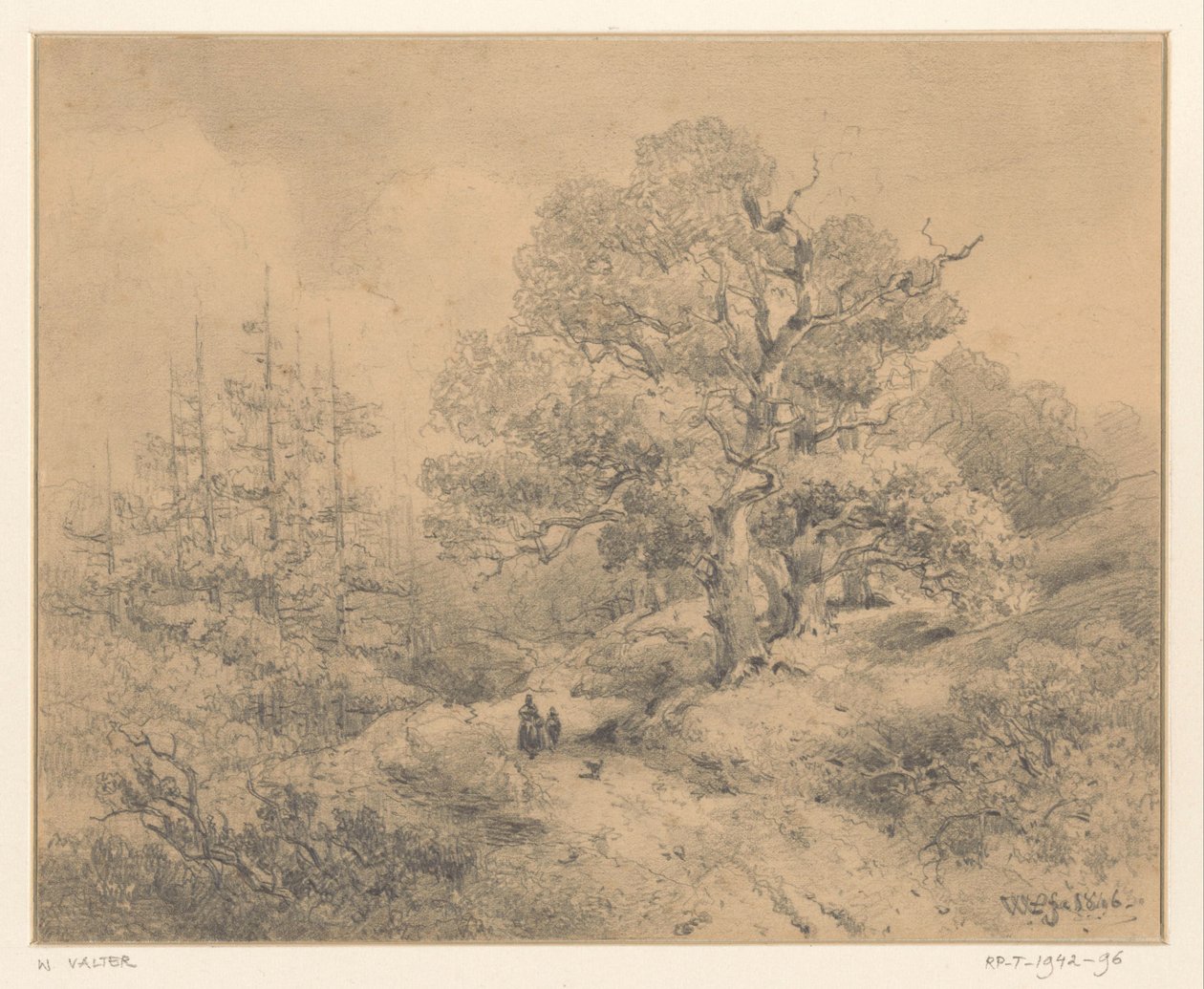 木々、2 人の人物、犬のいる風景 作： Willem Valter Pzn