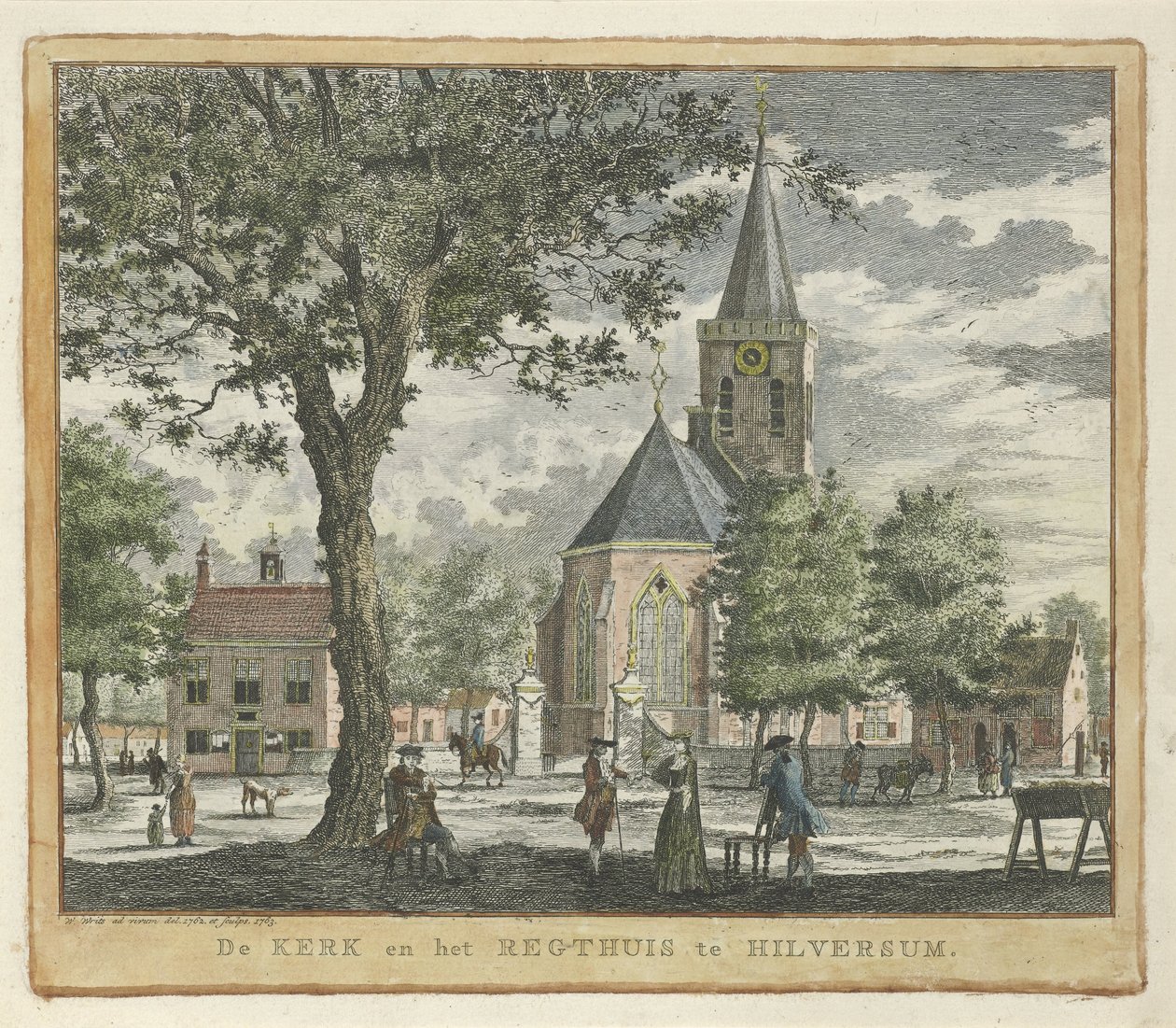 1762 年のヒルフェルスムの教会と裁判所 (1766 年の火事の前) ヒルフェルスムの教会とレグハイス (オブジェクトのタイトル) 作： ウィレムは書く