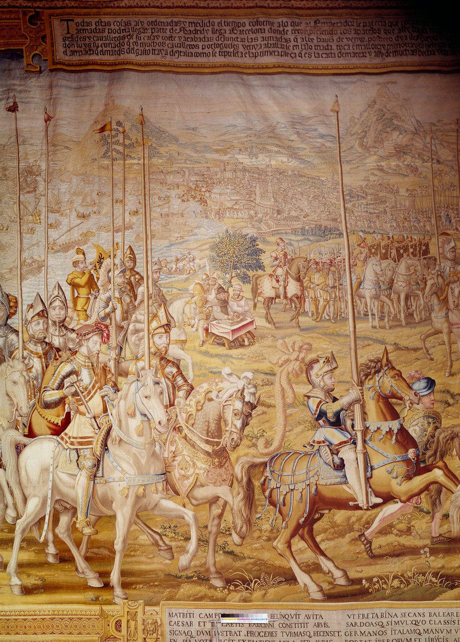1535 年の皇帝カール 5 世によるチュニスの征服: 皇帝と幼いドン ルイスの代表。 ウィレム・デ・パンネメーカー（1535～1554年頃活動）作のタペストリーの詳細 1554 アルカサル・デ・セビリア 作： ウィレム・デ・パンネメーカー