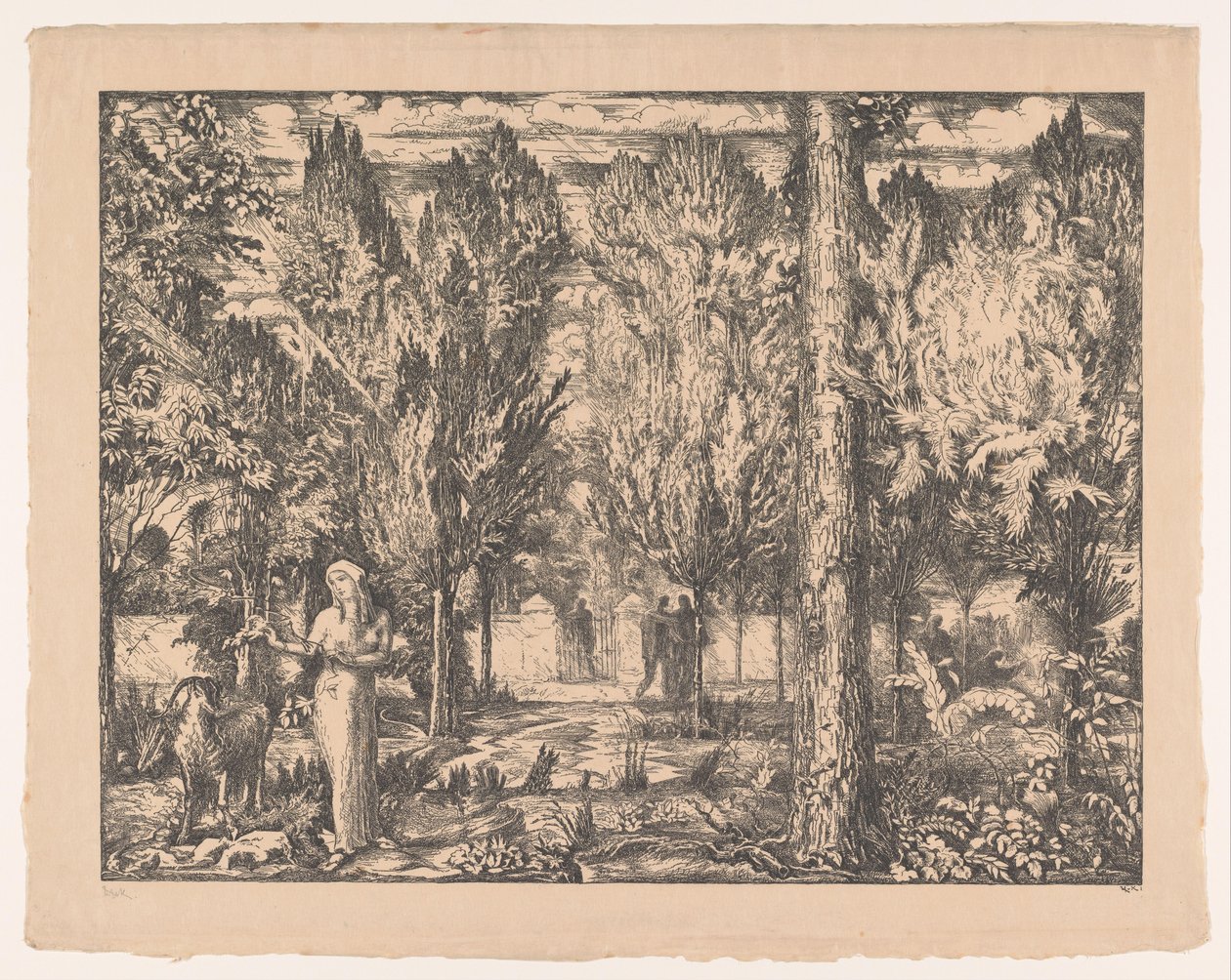 壁に囲まれた庭の女性と雄羊 ザ・パーク（原題） 作： Willem van Konijnenburg（アーティストによる署名）