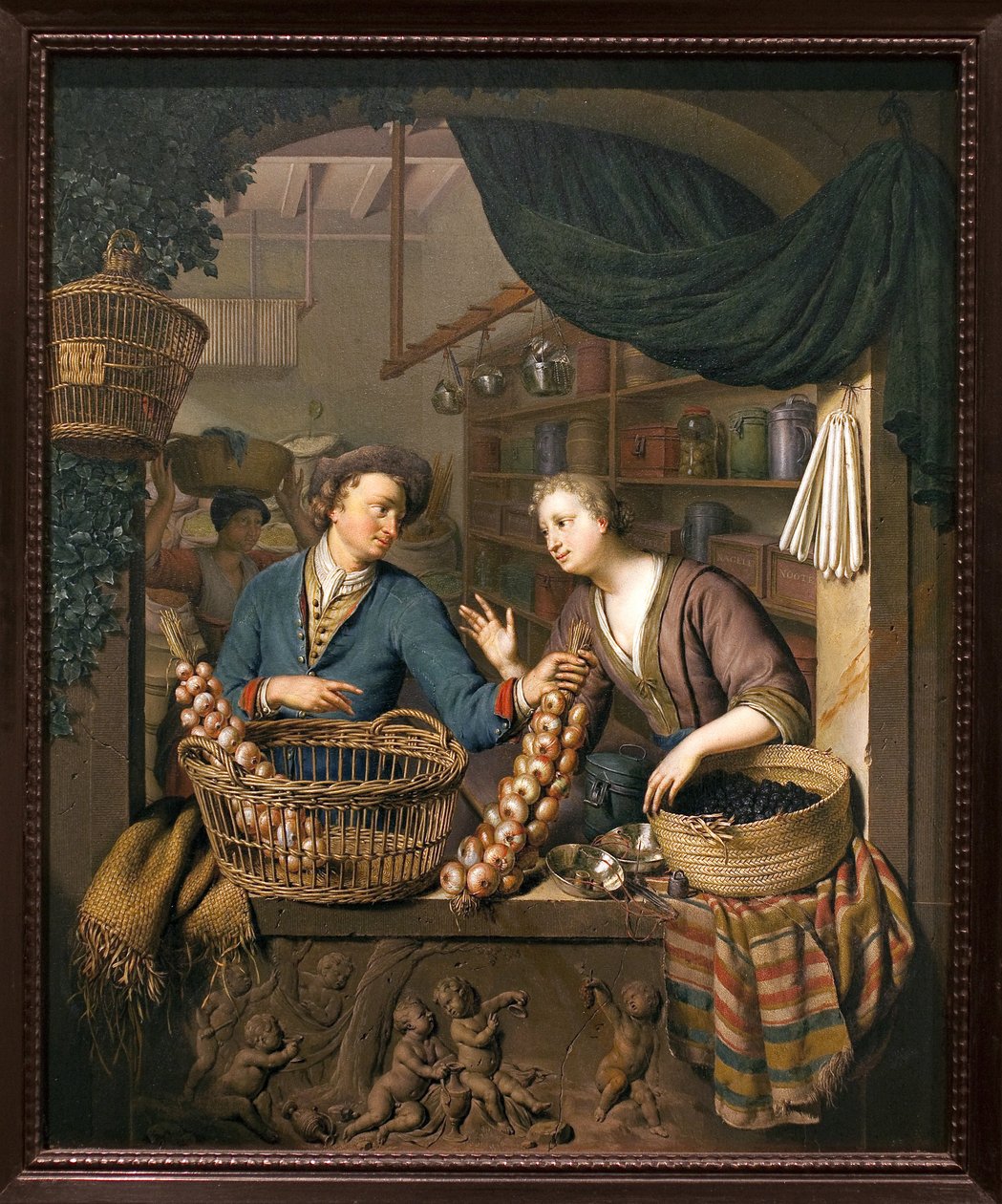 オニオン・セールスマンWillem van Mieris（1662-1747）による絵画、木に油彩 作： ウィレム・ヴァン・ミーリス