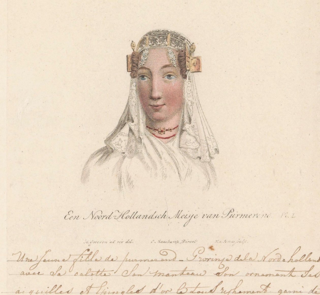 プルムレンド出身の少女の帽子、1816 年 A North Holland Girl of Purmerend / Une Jeune fille de purmerend - Province dela Nord-hollande avec sa calotte son manteau son ornament ses aiguilles et epingles d