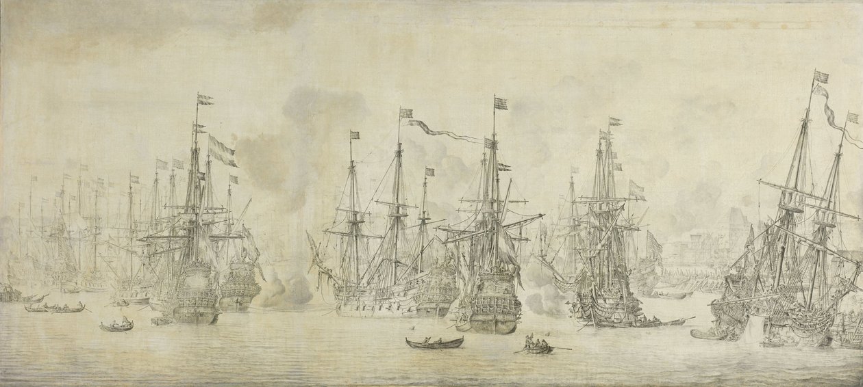 1665 年 8 月 12 日、ノルウェーのベルゲン港での帰還艦隊に対するイギリス軍の攻撃の失敗: 第二次英蘭戦争のエピソード 作： ウィレム・ファン・デ・ベルデ（I）