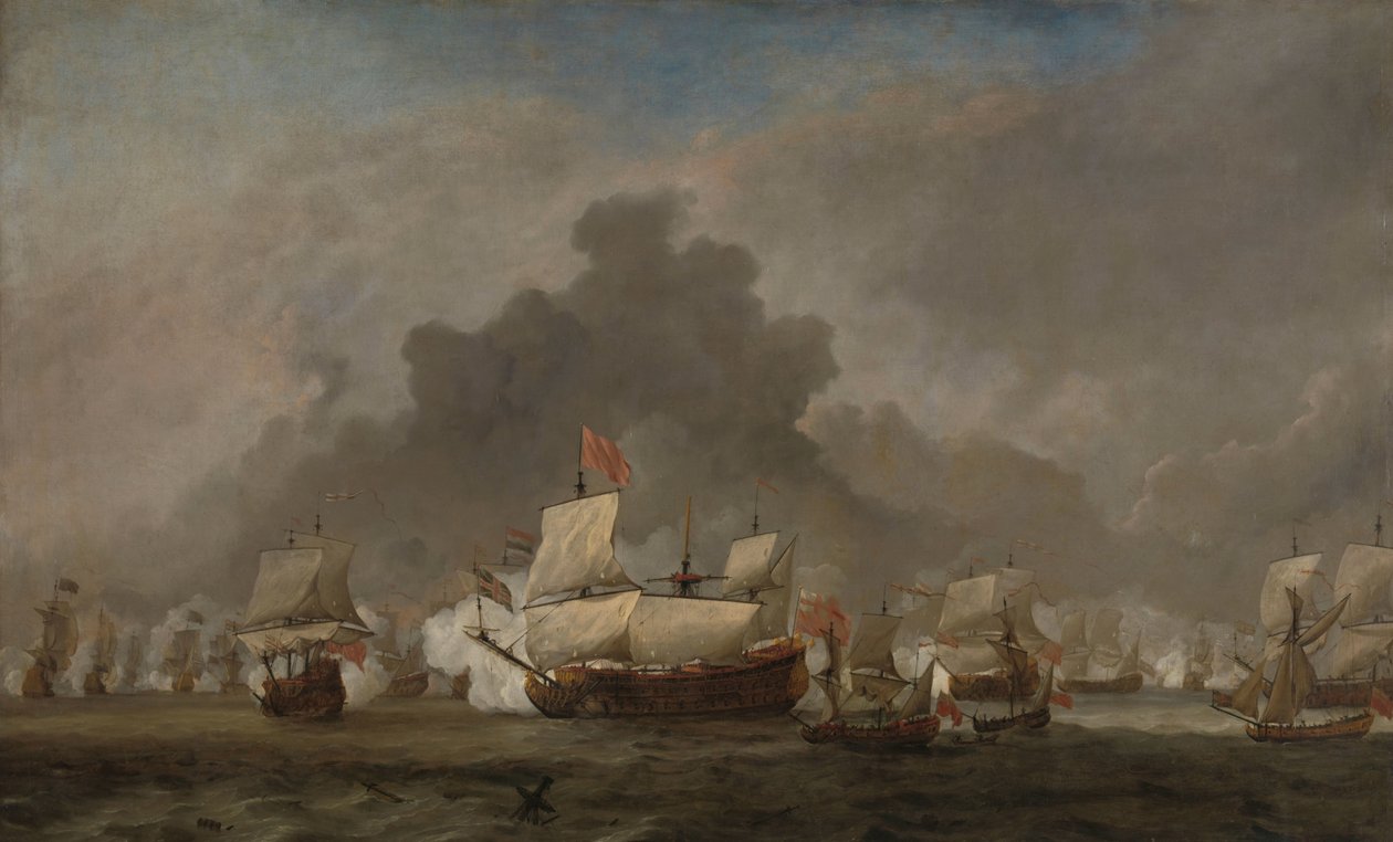 1672 年 6 月 7 日のソールベイの戦いでのロイヤル プリンス号でのミヒール アドリアエンス デ ルイテルとヨーク公の海戦: 第三次英蘭戦争のエピソード 作： ウィレム・ファン・デ・ベルデ（II）