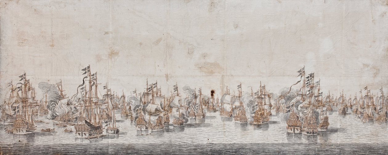 フェーマルンの戦い、1650年頃（紙にインクとウォッシュ） 作： ウィレム・ヴァン・デ・ベルデ