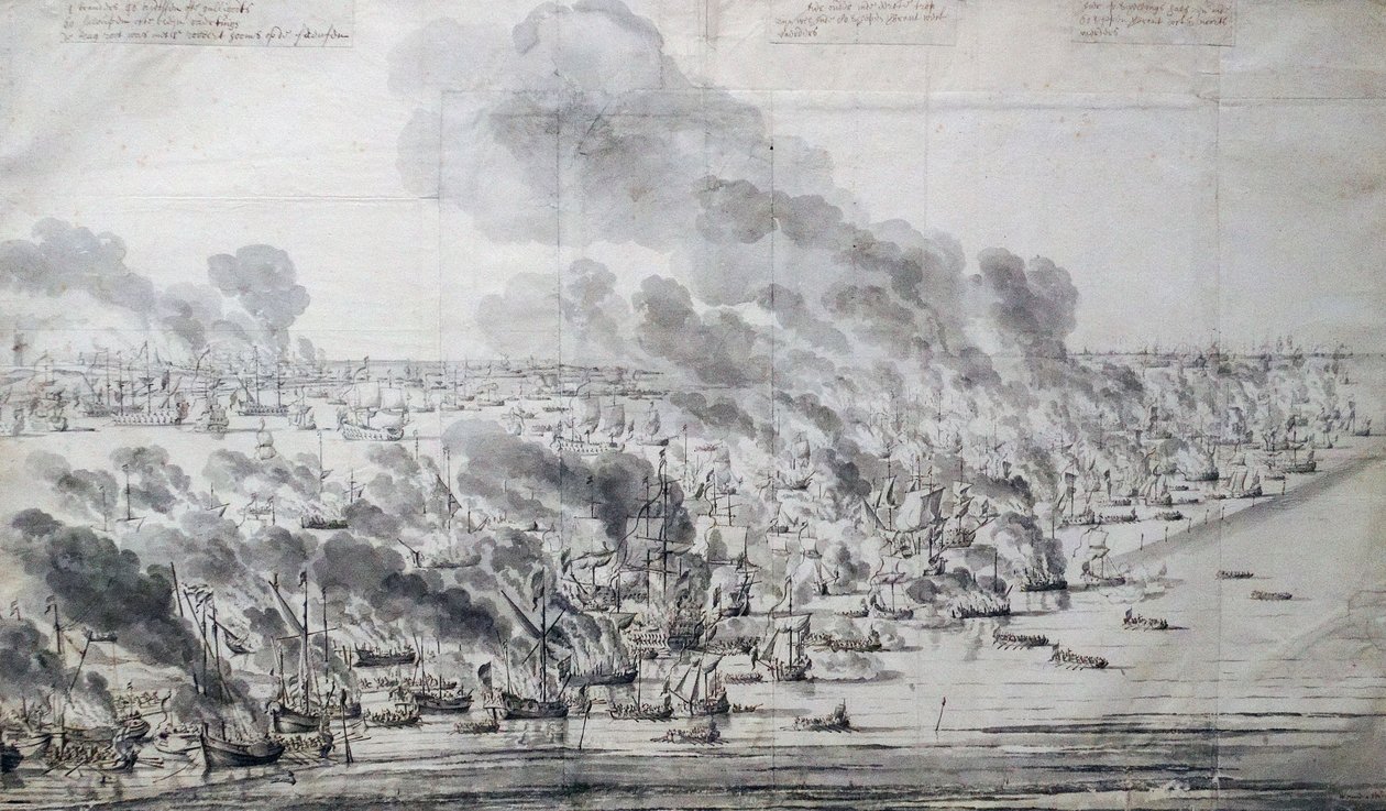 テルスヘリングでオランダ艦隊を砲撃したロバート・ホームズ 作： ウィレム・ファン・デ・ヴェルデ長老