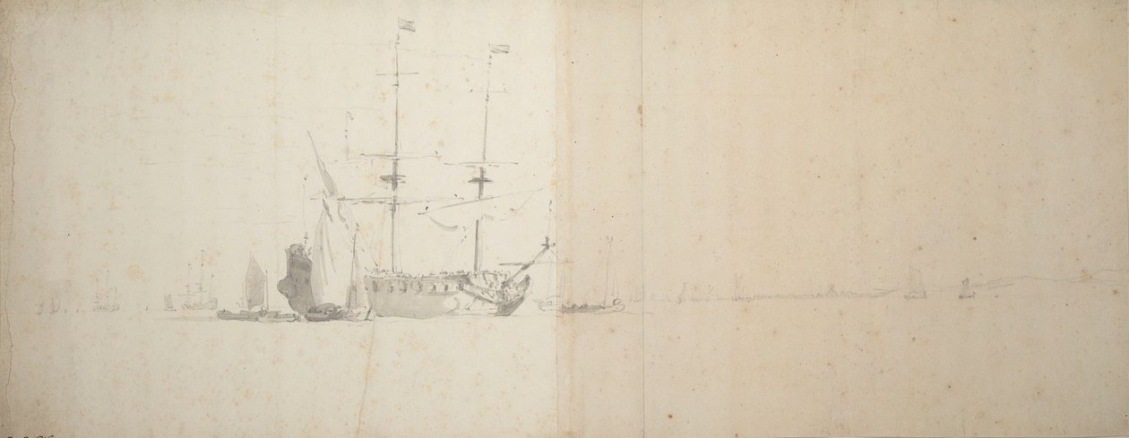 沖合に停泊中のオランダ船 1666年頃（黒鉛画） 作： ウィレム・ファン・デ・ザ・ヤンガー・ヴェルデ