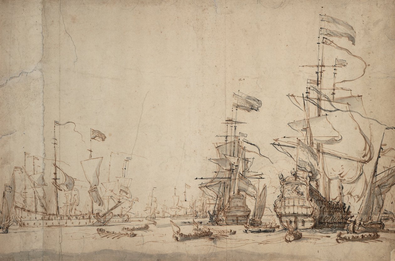 オランダ艦隊の作戦会議？1665年5月、1674年頃（ペン、褐色インク、灰色ウォッシュ） 作： ウィレム・ファン・デ・ザ・ヤンガー・ヴェルデ