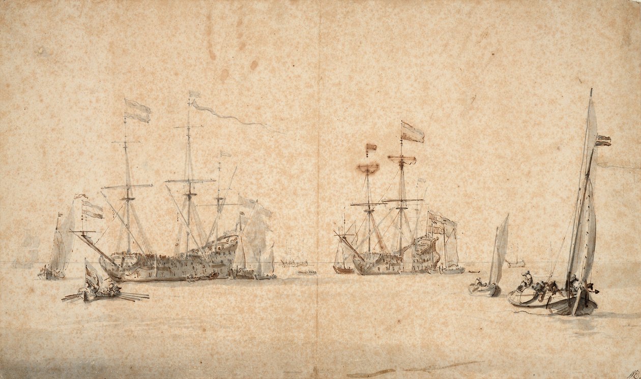 自由に走るカーグと錨を降ろす2隻のオランダ旗艦 1665年頃 （ペン、褐色インク、灰色水彩） 作： ウィレム・ファン・デ・ザ・ヤンガー・ヴェルデ
