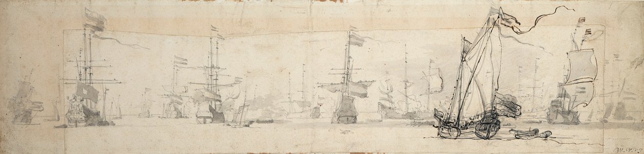 帆を張ったヨットと錨を下ろした船、1665年頃（黒鉛、グレーのウォッシュ仕上げ） 作： ウィレム・ファン・デ・ザ・ヤンガー・ヴェルデ