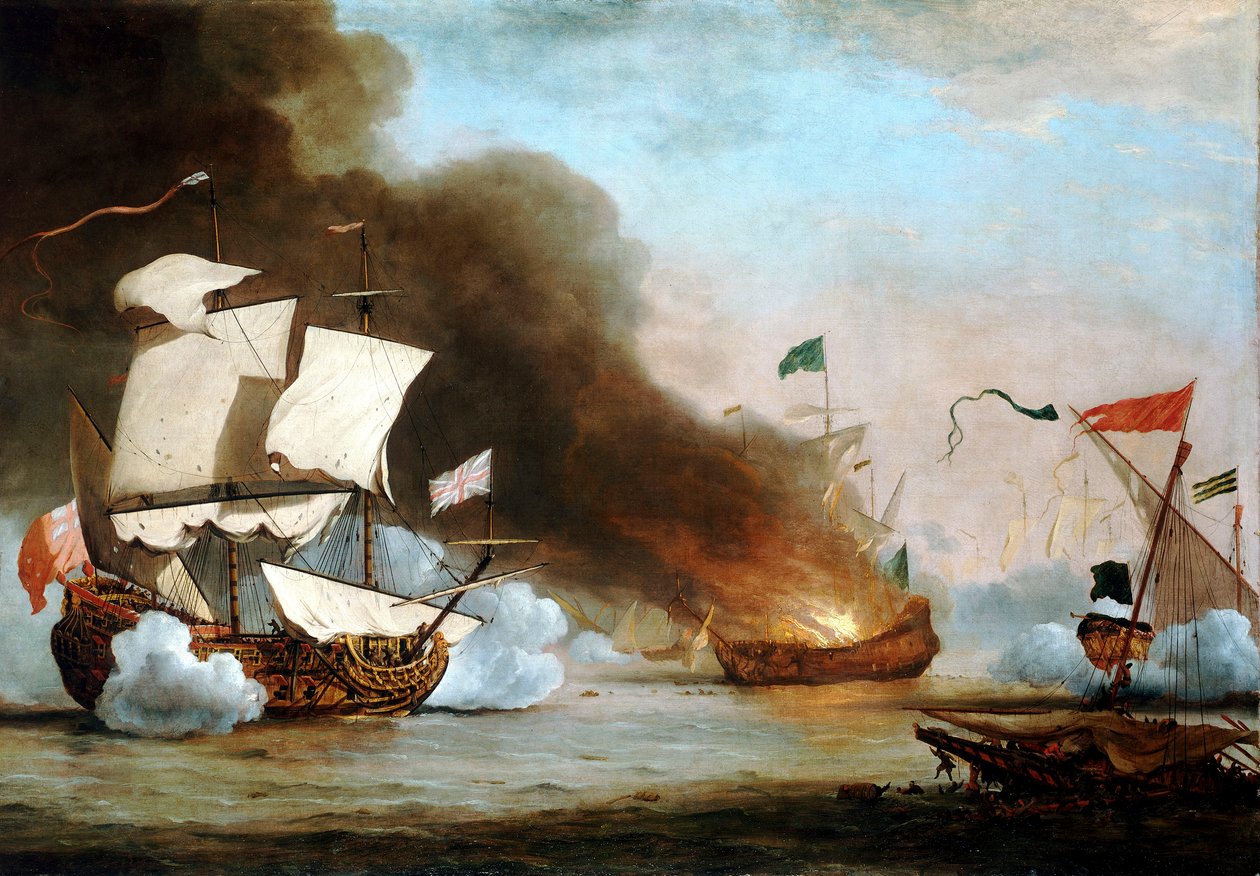 バーバリー・コルセアと行動するイギリス船、1680年頃、1685年頃（油彩・カンヴァス） 作： ウィレム・ファン・デ・ザ・ヤンガー・ヴェルデ