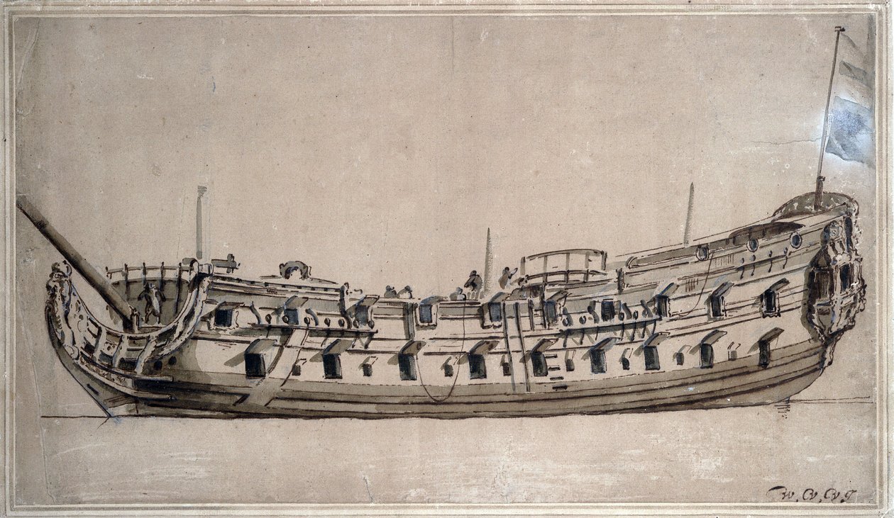 1675年頃に建造された、42門の砲を備えたイギリスの4等船。若き日のウィレム・ファン・デ・ヴェルデ（1633-1707）による水墨画。 作： ウィレム・ファン・デ・ザ・ヤンガー・ヴェルデ
