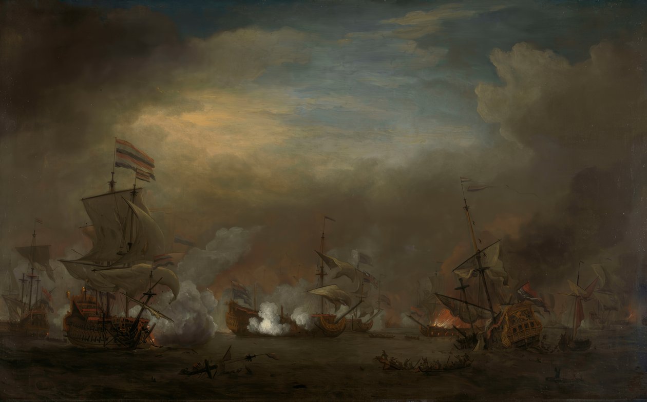 Gouden LeeuwのCornelis TrompとRoyal PrinceのSir Edward Spraggeの間の毎晩の海戦 作： ウィレム・ヴァン・デ・ヴェルデ・ザ・ヤンガー