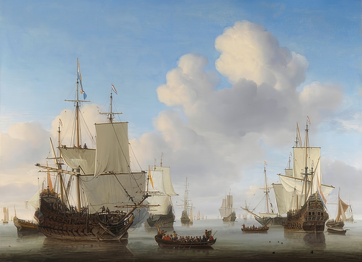 穏やかな海にオランダ船。 1665年頃