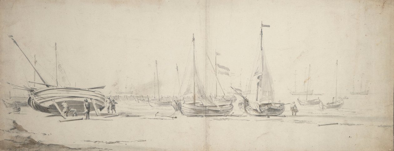 海岸に引き揚げられたピンクとワイシャツ、1665年頃（黒鉛、灰色、褐色ウォッシュ） 作： ウィレム・ファン・デ・ザ・ヤンガー・ヴェルデ