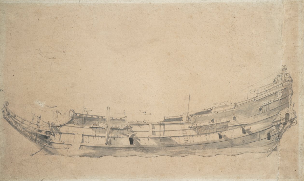 オランダのフリゲート艦の肖像 1655年頃（黒鉛、灰色水彩） 作： ウィレム・ファン・デ・ザ・ヤンガー・ヴェルデ