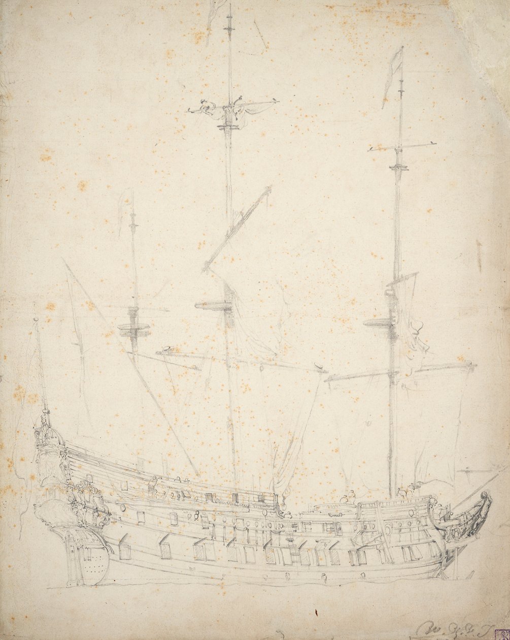 オランダ人2階建ての肖像画 1655年頃 オフセット、黒鉛 作： ウィレム・ファン・デ・ザ・ヤンガー・ヴェルデ