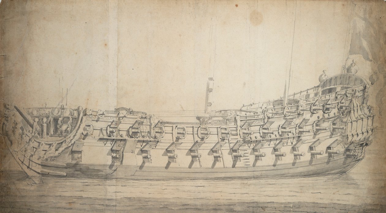 1679年に建造され、1700年に再建された3等船「グラフトン号」の肖像画、1680年頃（黒鉛、灰色水彩） 作： ウィレム・ファン・デ・ザ・ヤンガー・ヴェルデ