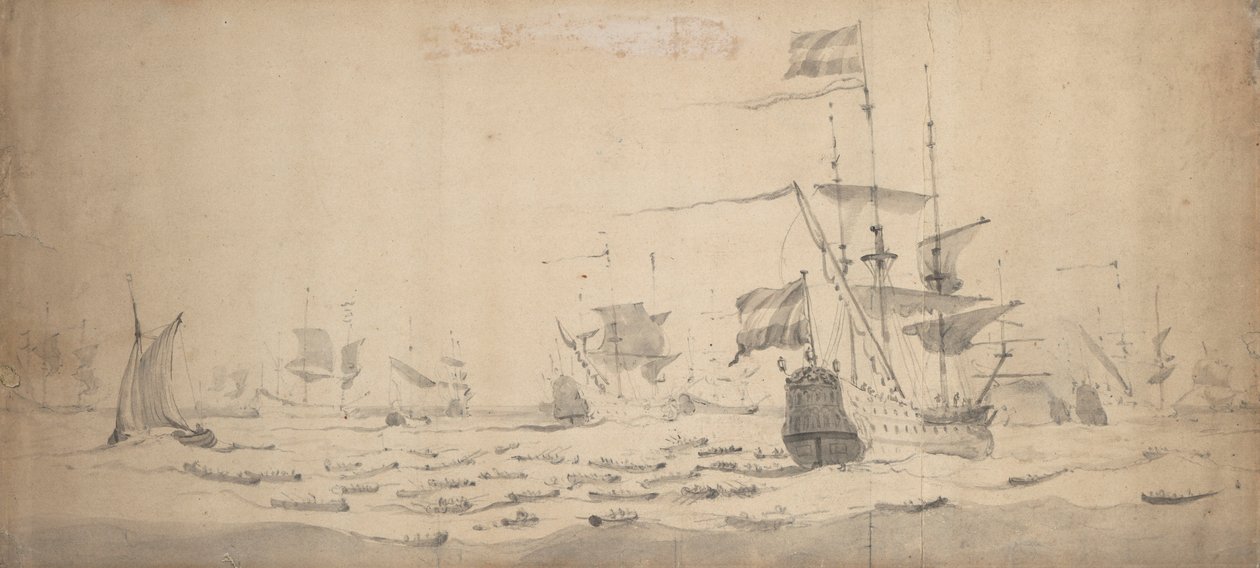 そよ風に横たわるオランダ艦隊：海戦会議 1665年頃（黒鉛、灰色水彩） 作： ウィレム・ファン・デ・エルダー・ベルデ