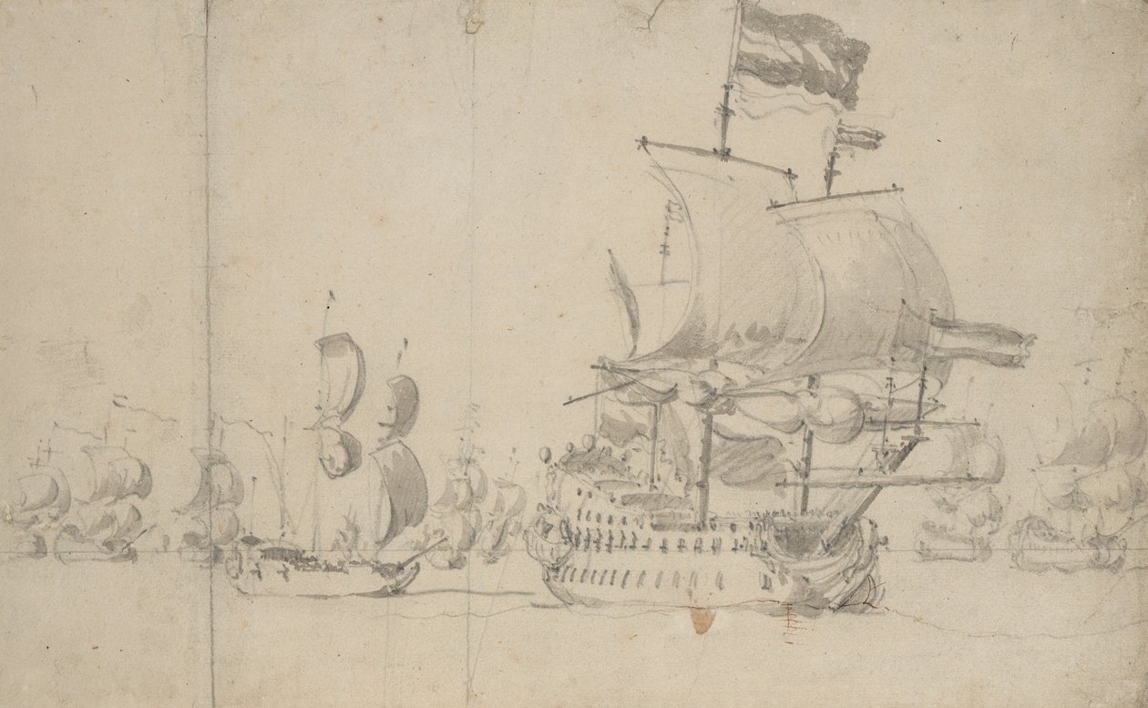 クオーターに派遣船を乗せたオランダの旗艦、1672年5月？ 作： ウィレム・ファン・デ・エルダー・ベルデ