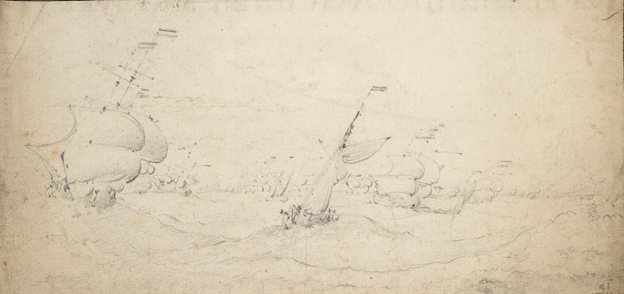 大海原を風上に向かって進むオランダの後方部隊、1672年頃（黒鉛画） 作： ウィレム・ファン・デ・エルダー・ベルデ
