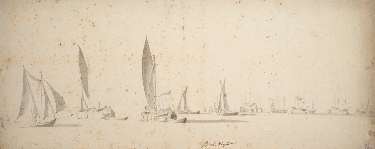 微風にあおられる曳き舟、ウィズチップとウォーターチップ、1664年頃（黒鉛、灰色水彩） 作： ウィレム・ファン・デ・エルダー・ベルデ