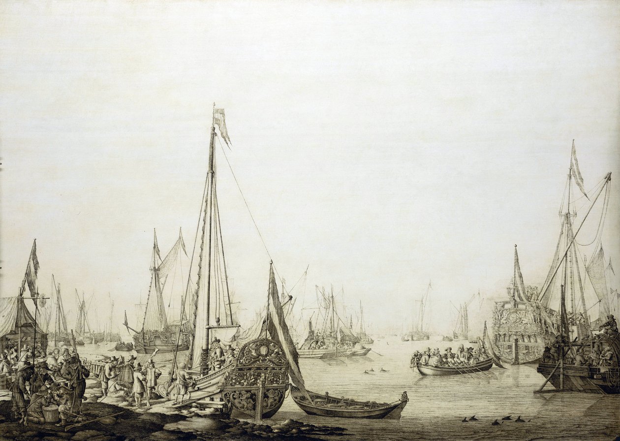 混雑した港に停泊するさまざまな船。この絵は、1660年、イングランド王位復権中のチャールズ2世（1630-1685）のハーグ（オランダ）への航海にちなんで描かれた。 作： ウィレム・ファン・デ・エルダー・ベルデ