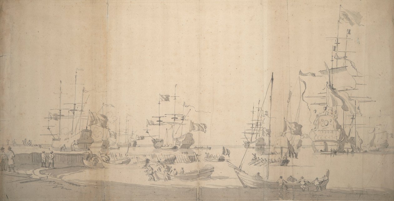 混雑した港で陸揚げされるウェイシュイット（1672年頃、黒鉛画） 作： ウィレム・ファン・デ・エルダー・ベルデ
