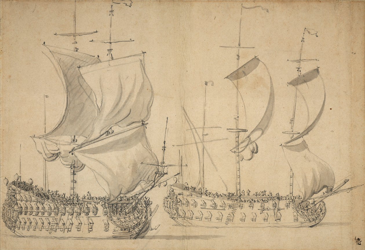 1677年頃、帆を張ったイギリスの三等船と四等船（鉛筆、水彩） 作： ウィレム・ファン・デ・エルダー・ベルデ